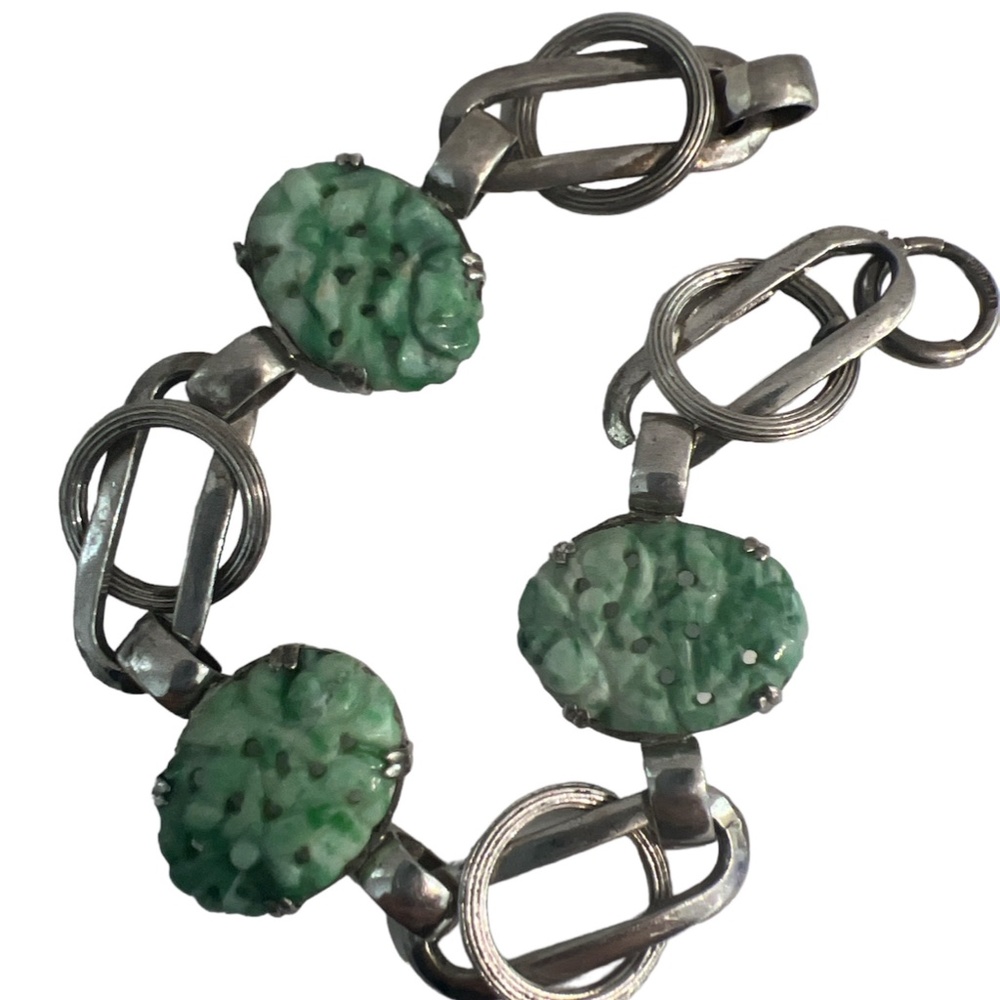Antique Art Deco Bracelet Carved Green White Jadeite Sterling Chinese Export